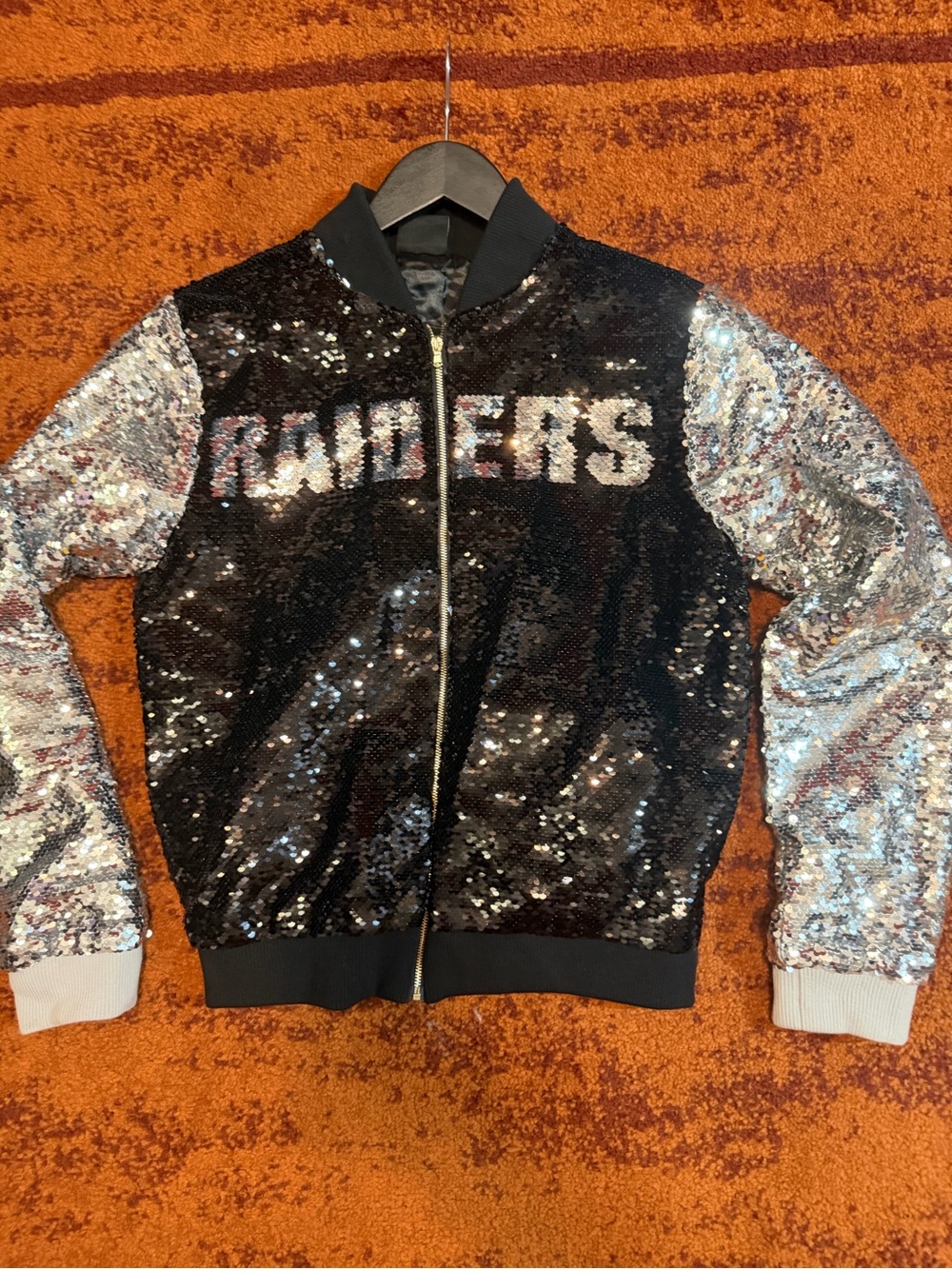 Women's Black and Silver Sequin Bomber Jacket - Raiders